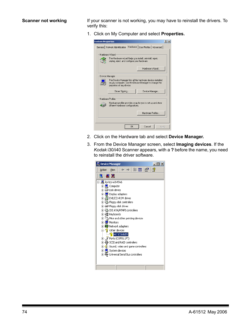Scanner not working | Kodak i30 / i40 User Manual | Page 77 / 84