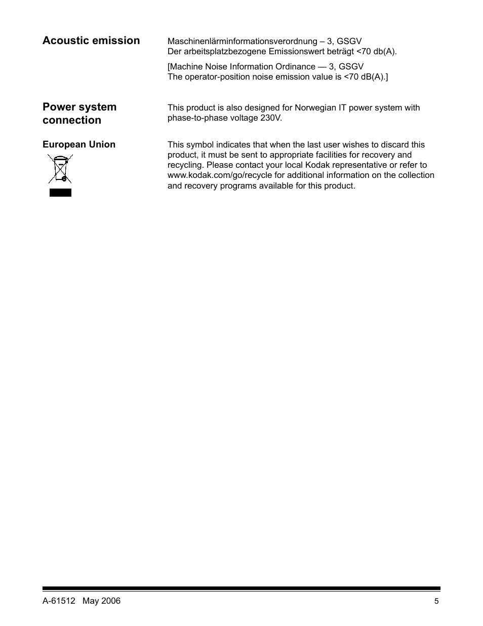 Acoustic emission, Power system connection, European union | Kodak i30 / i40 User Manual | Page 8 / 84