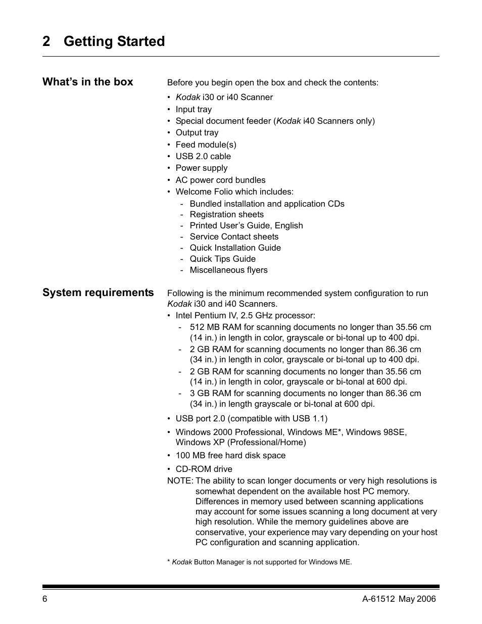 2 getting started, What’s in the box, System requirements | Kodak i30 / i40 User Manual | Page 9 / 84