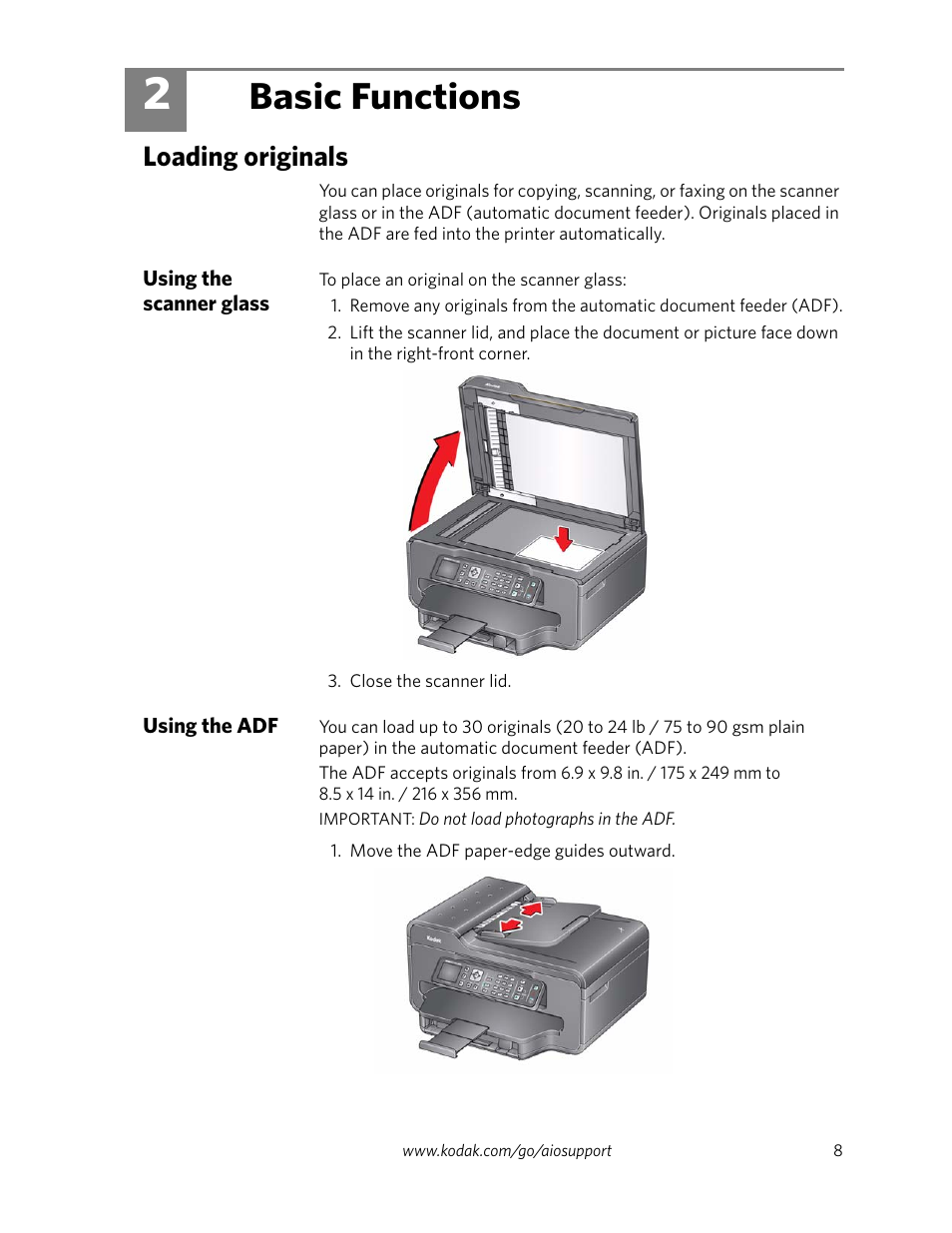 Basic functions, Loading originals, Using the scanner glass | Using the adf, 2 basic functions, Using the scanner glass using the adf | Kodak ESP Office 6100 Series User Manual | Page 11 / 20