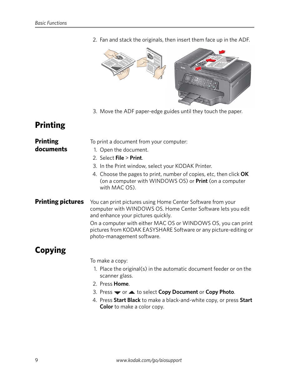 Printing, Printing documents, Printing pictures | Copying, Printing documents printing pictures | Kodak ESP Office 6100 Series User Manual | Page 12 / 20