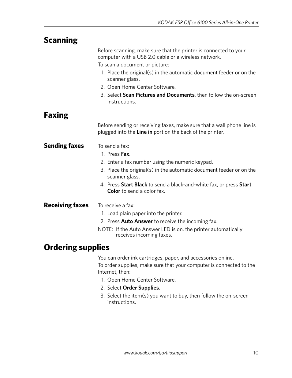 Scanning, Faxing, Sending faxes | Receiving faxes, Ordering supplies, Scanning faxing, Sending faxes receiving faxes | Kodak ESP Office 6100 Series User Manual | Page 13 / 20