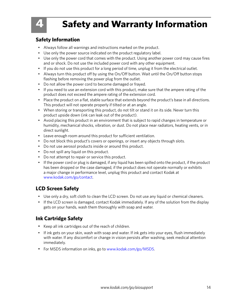 Safety and warranty information, Safety information, Lcd screen safety | Ink cartridge safety, 4 safety and warranty information | Kodak ESP Office 6100 Series User Manual | Page 17 / 20