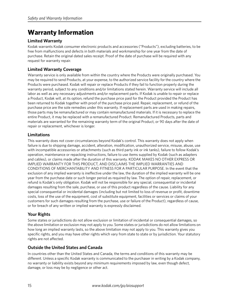 Warranty information | Kodak ESP Office 6100 Series User Manual | Page 18 / 20