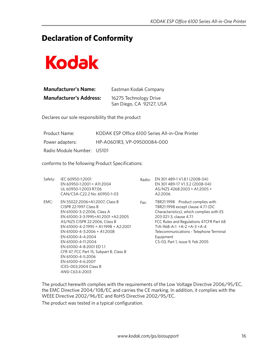 Declaration of conformity | Kodak ESP Office 6100 Series User Manual | Page 19 / 20