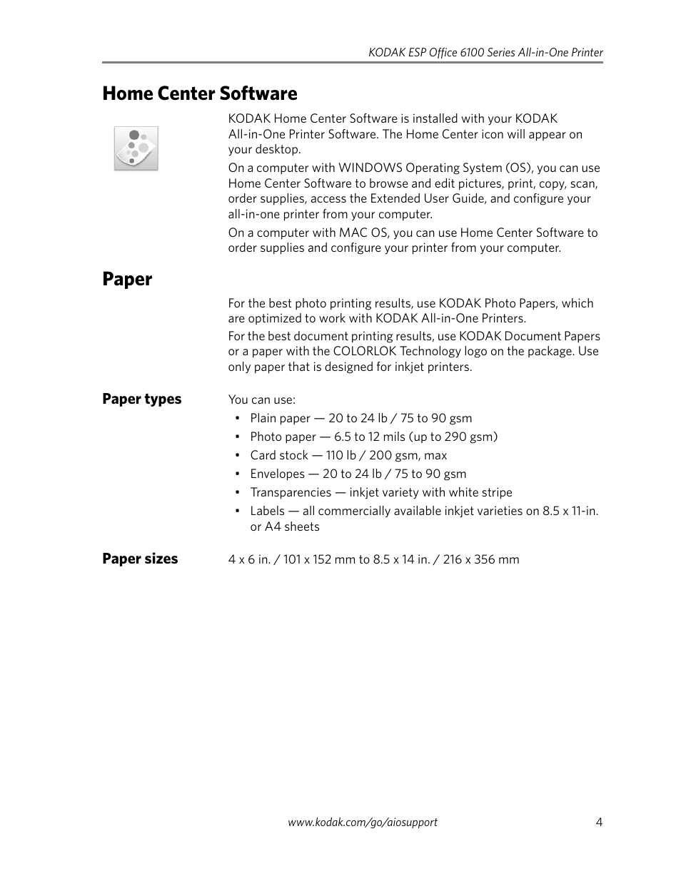 Home center software, Paper, Paper types | Paper sizes, Home center software paper, Paper types paper sizes | Kodak ESP Office 6100 Series User Manual | Page 7 / 20