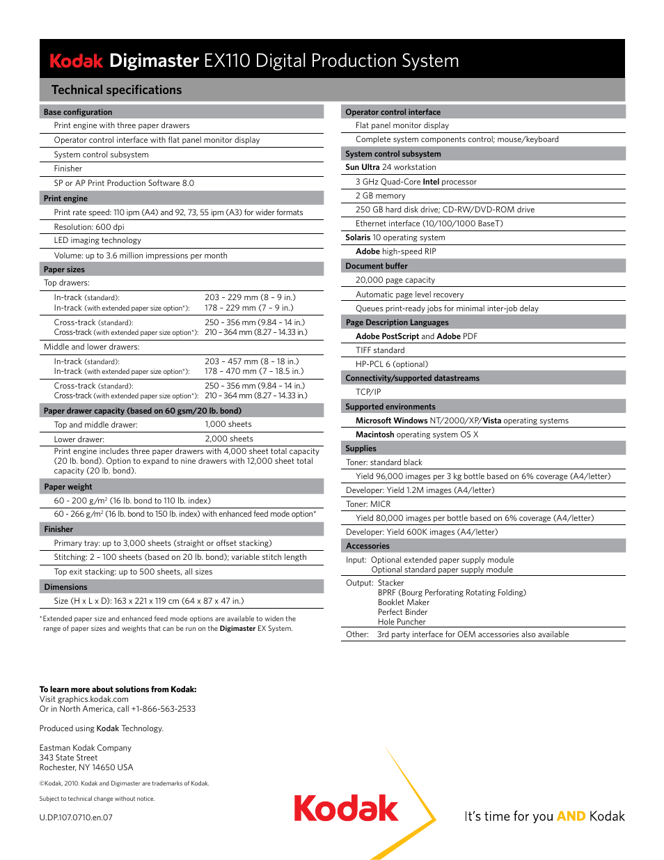 Digimaster ex110 digital production system, Technical specifications | Kodak EX110 User Manual | Page 2 / 2