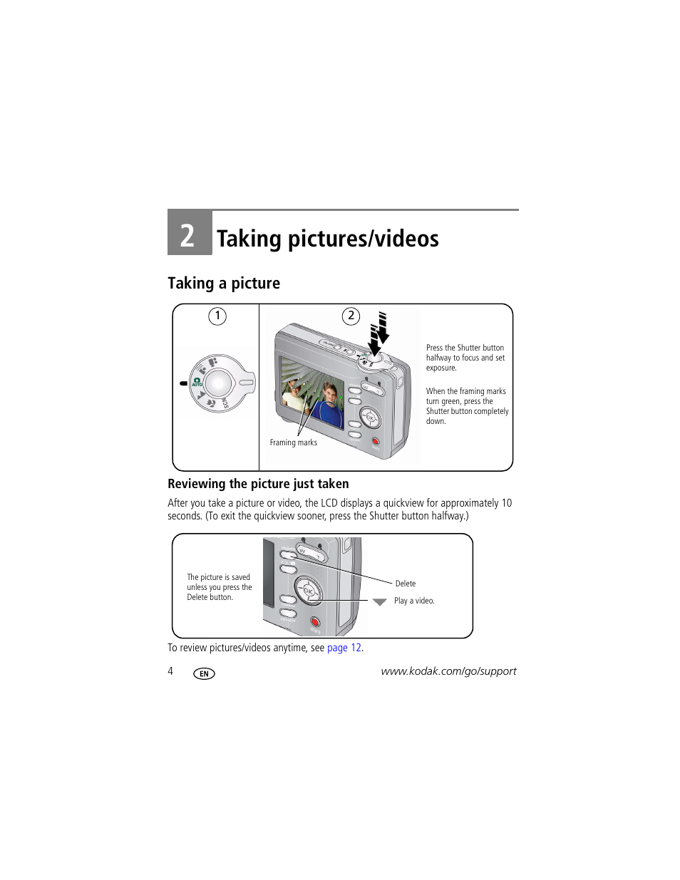 Taking pictures/videos, Taking a picture, Reviewing the picture just taken | 2 taking pictures/videos | Kodak CD913 User Manual | Page 10 / 67