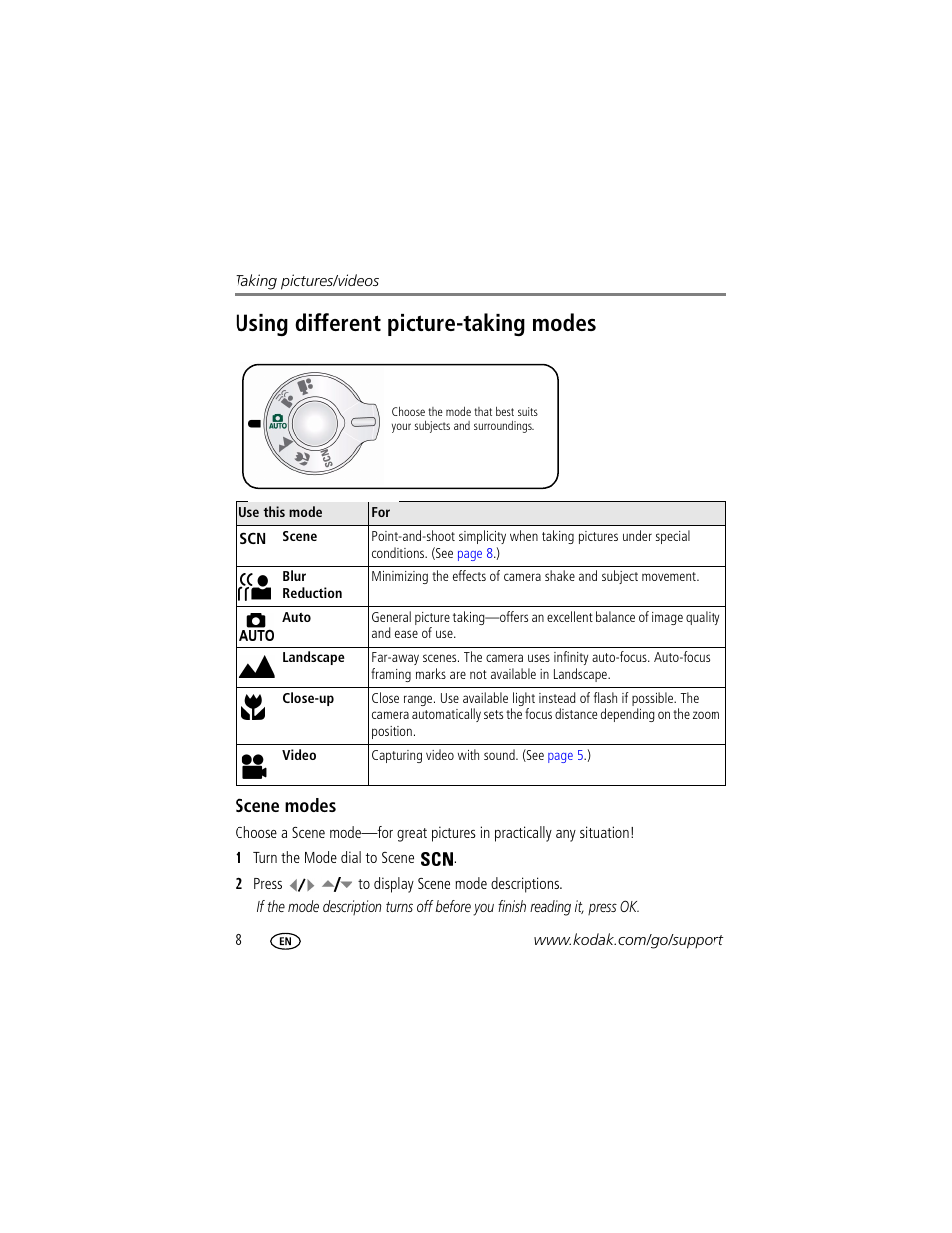 Using different picture-taking modes, Scene modes | Kodak CD913 User Manual | Page 14 / 67