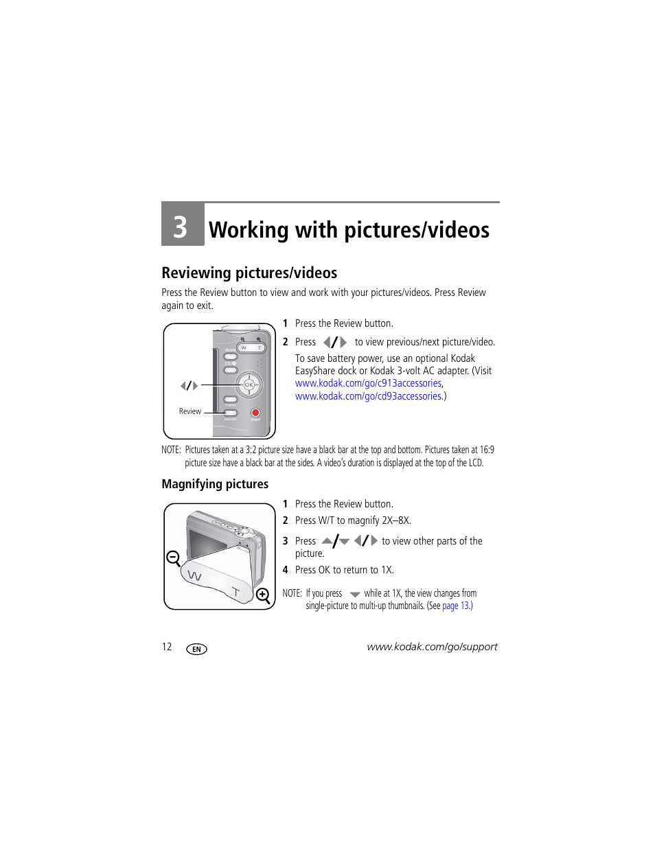 Working with pictures/videos, Reviewing pictures/videos, Magnifying pictures | 3 working with pictures/videos | Kodak CD913 User Manual | Page 18 / 67