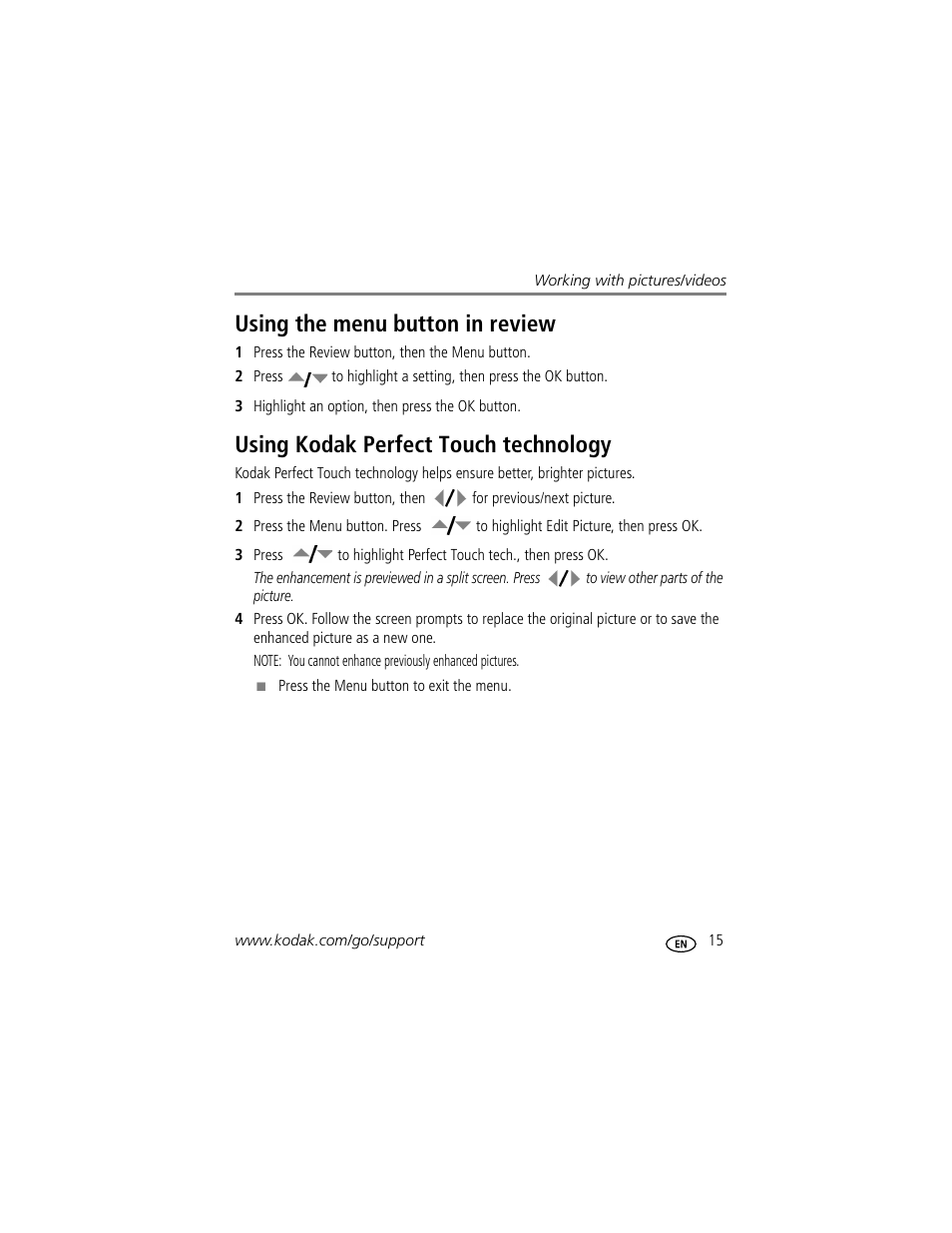 Using the menu button in review, Using kodak perfect touch technology | Kodak CD913 User Manual | Page 21 / 67