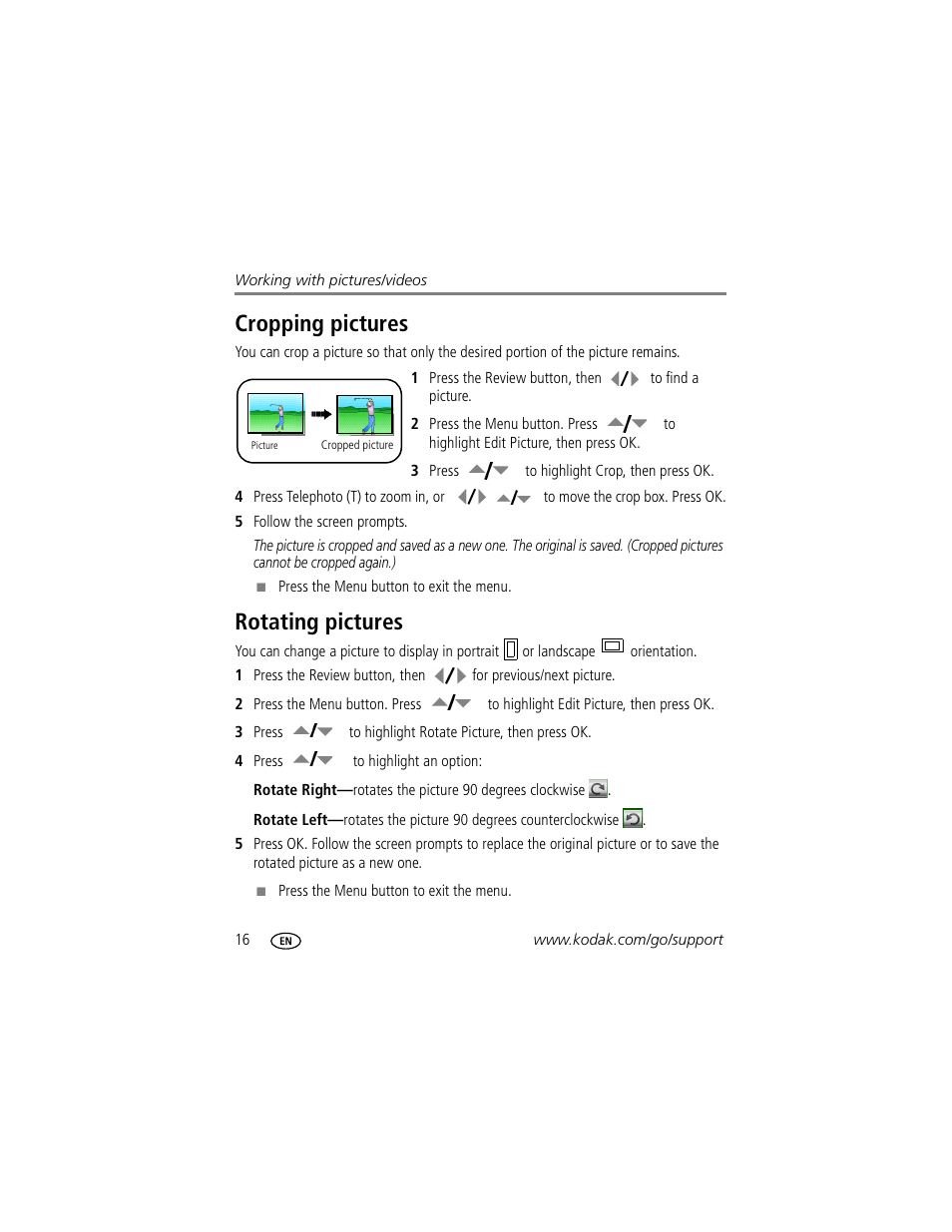 Cropping pictures, Rotating pictures, Cropping pictures rotating pictures | Kodak CD913 User Manual | Page 22 / 67