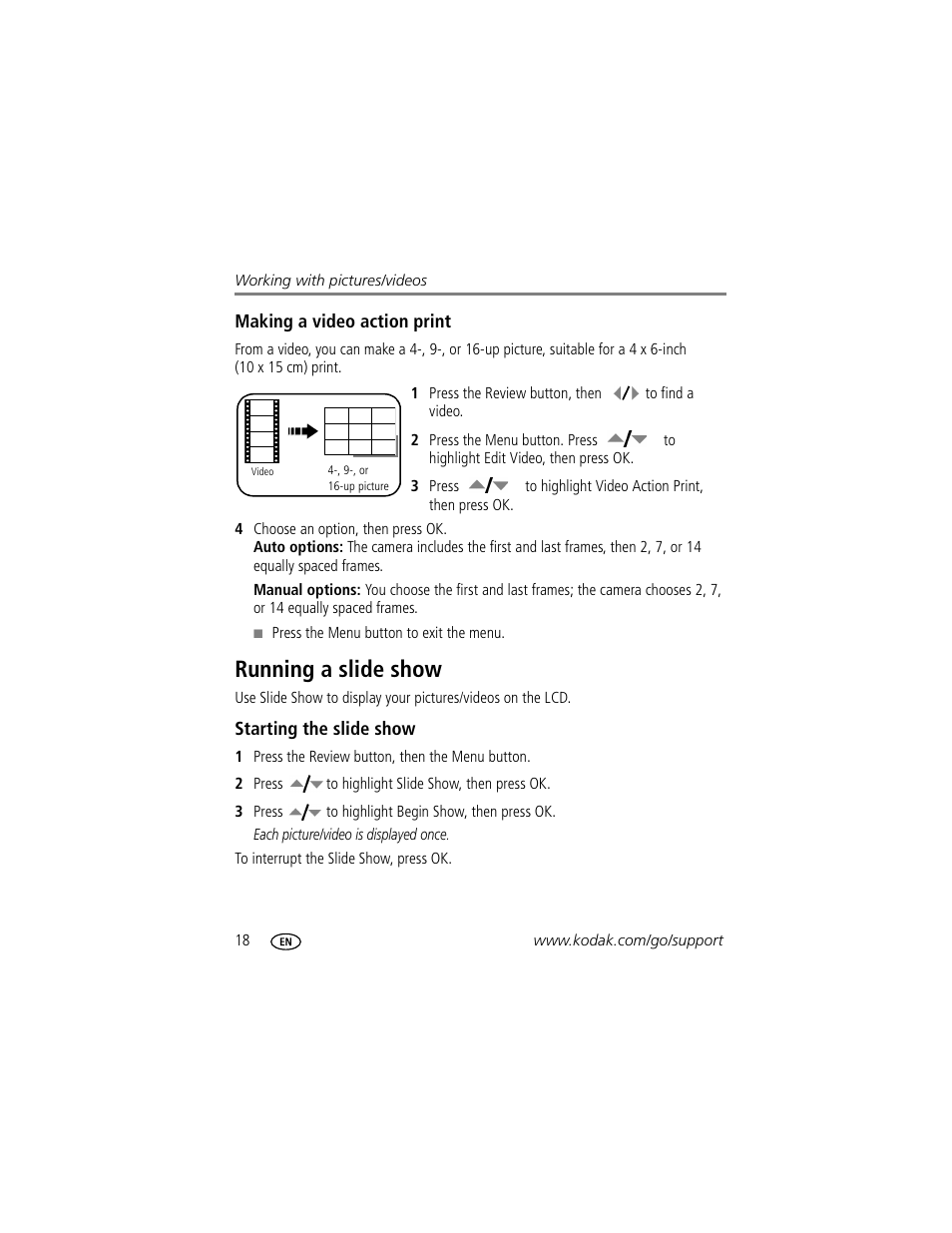 Making a video action print, Running a slide show, Starting the slide show | Kodak CD913 User Manual | Page 24 / 67