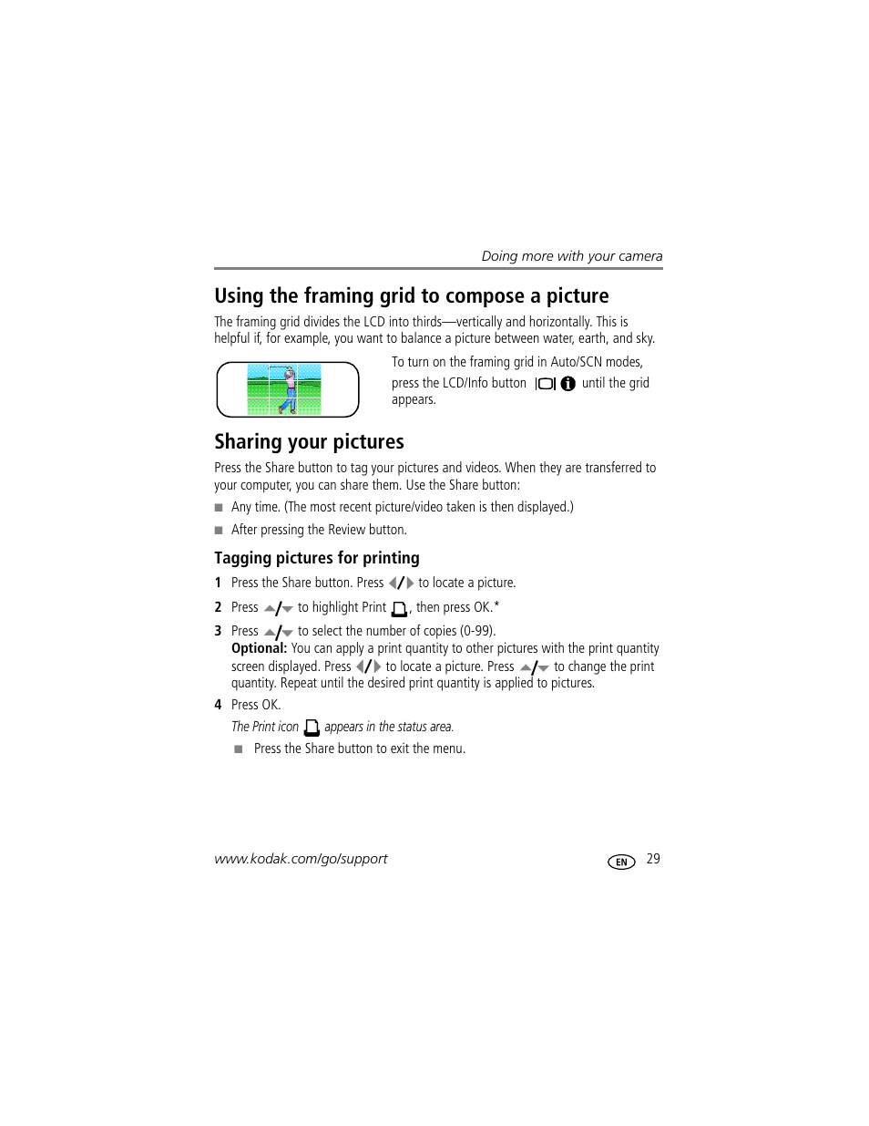 Using the framing grid to compose a picture, Sharing your pictures, Tagging pictures for printing | Kodak CD913 User Manual | Page 35 / 67