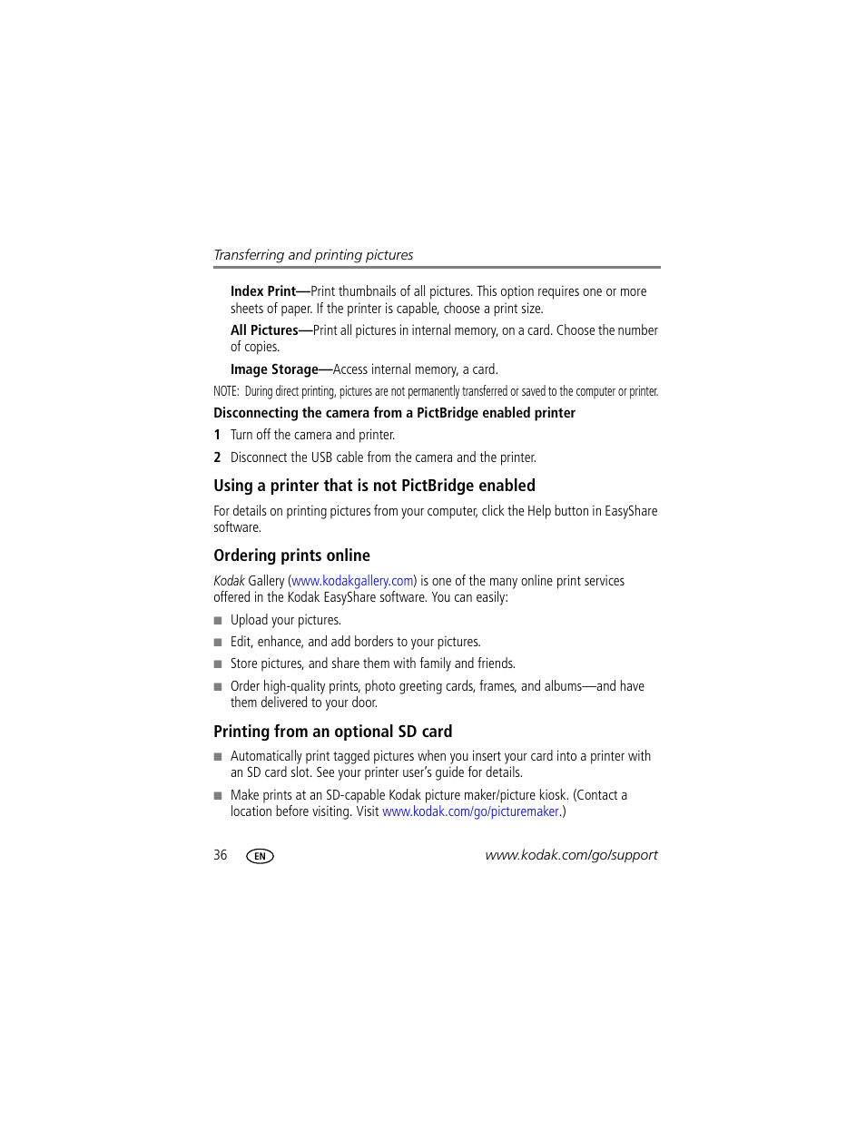 Using a printer that is not pictbridge enabled, Ordering prints online, Printing from an optional sd card | Kodak CD913 User Manual | Page 42 / 67