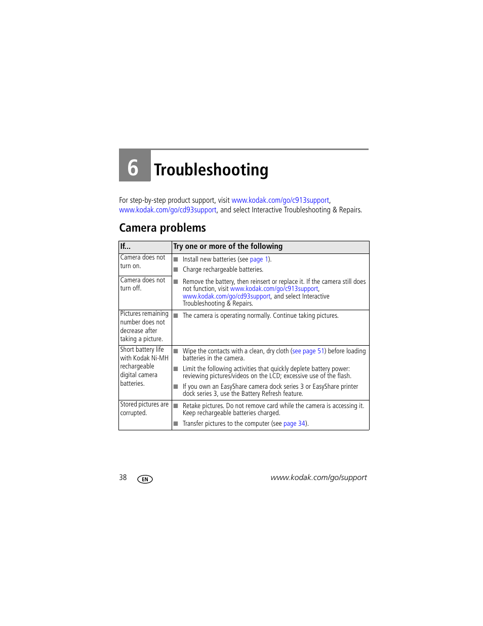 Troubleshooting, Camera problems, 6 troubleshooting | Kodak CD913 User Manual | Page 44 / 67