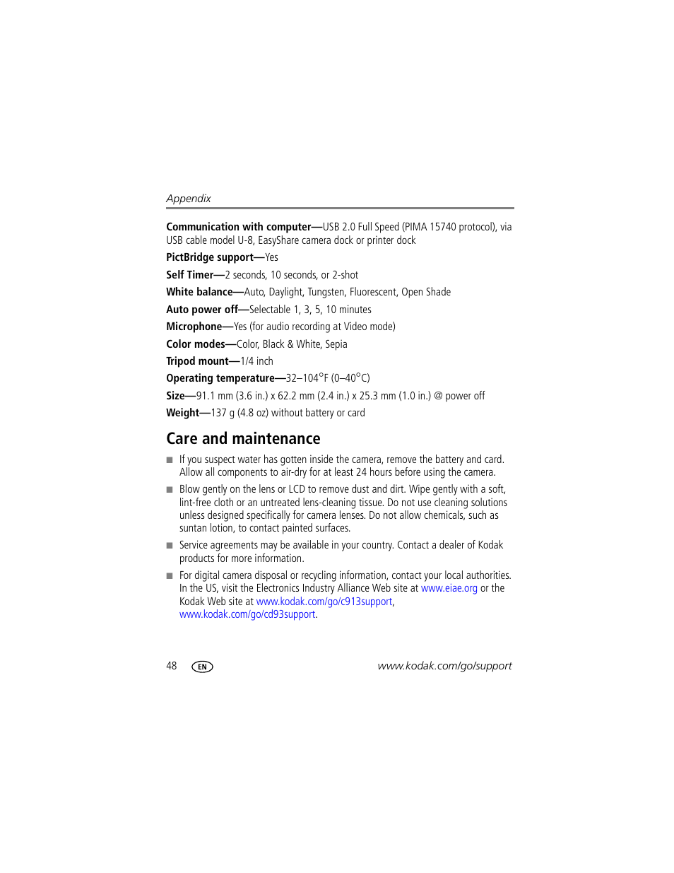 Care and maintenance | Kodak CD913 User Manual | Page 54 / 67