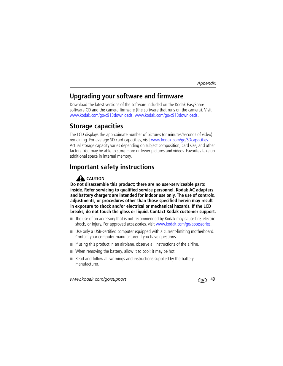 Upgrading your software and firmware, Storage capacities, Important safety instructions | Kodak CD913 User Manual | Page 55 / 67