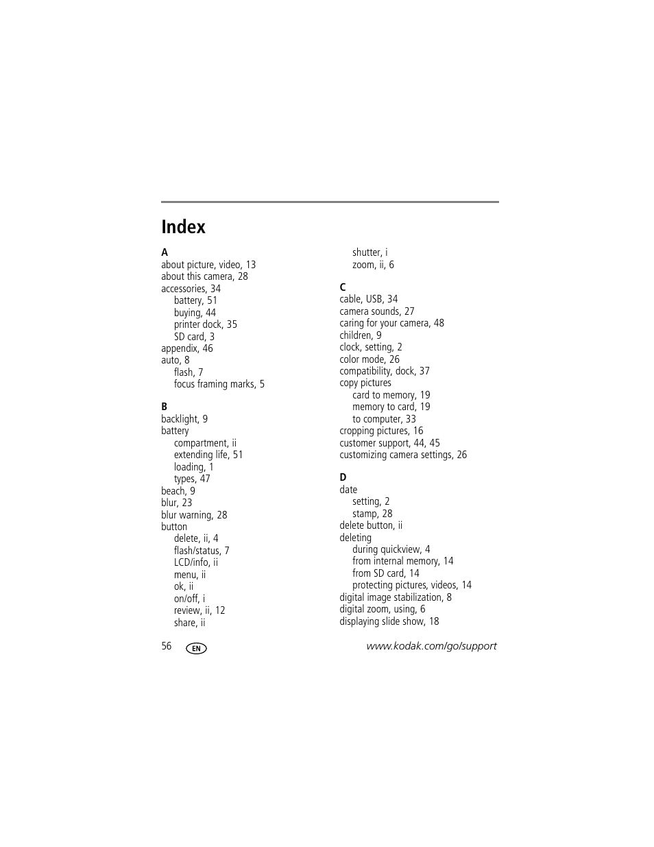 Index | Kodak CD913 User Manual | Page 62 / 67