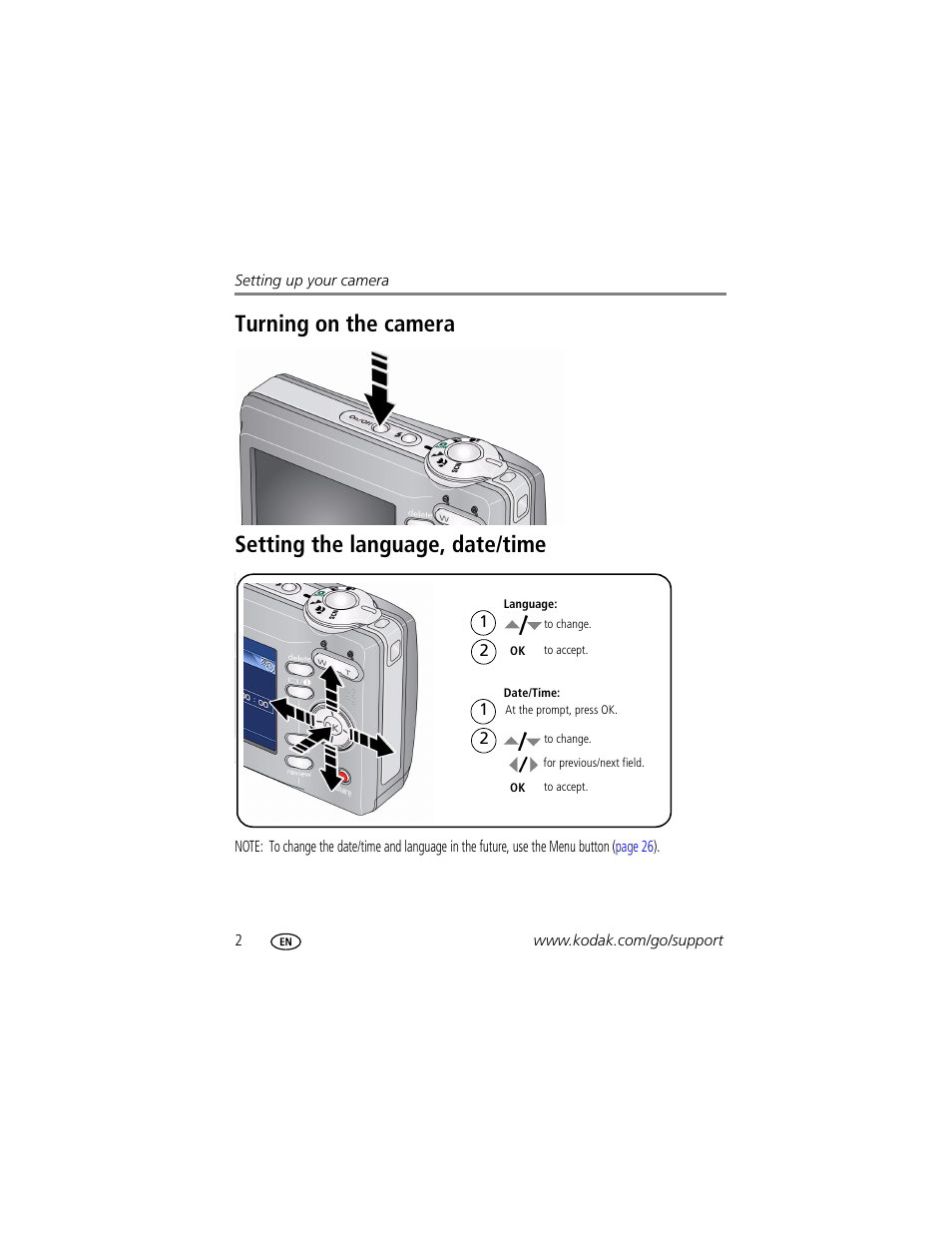 Turning on the camera, Setting the language, date/time | Kodak CD913 User Manual | Page 8 / 67