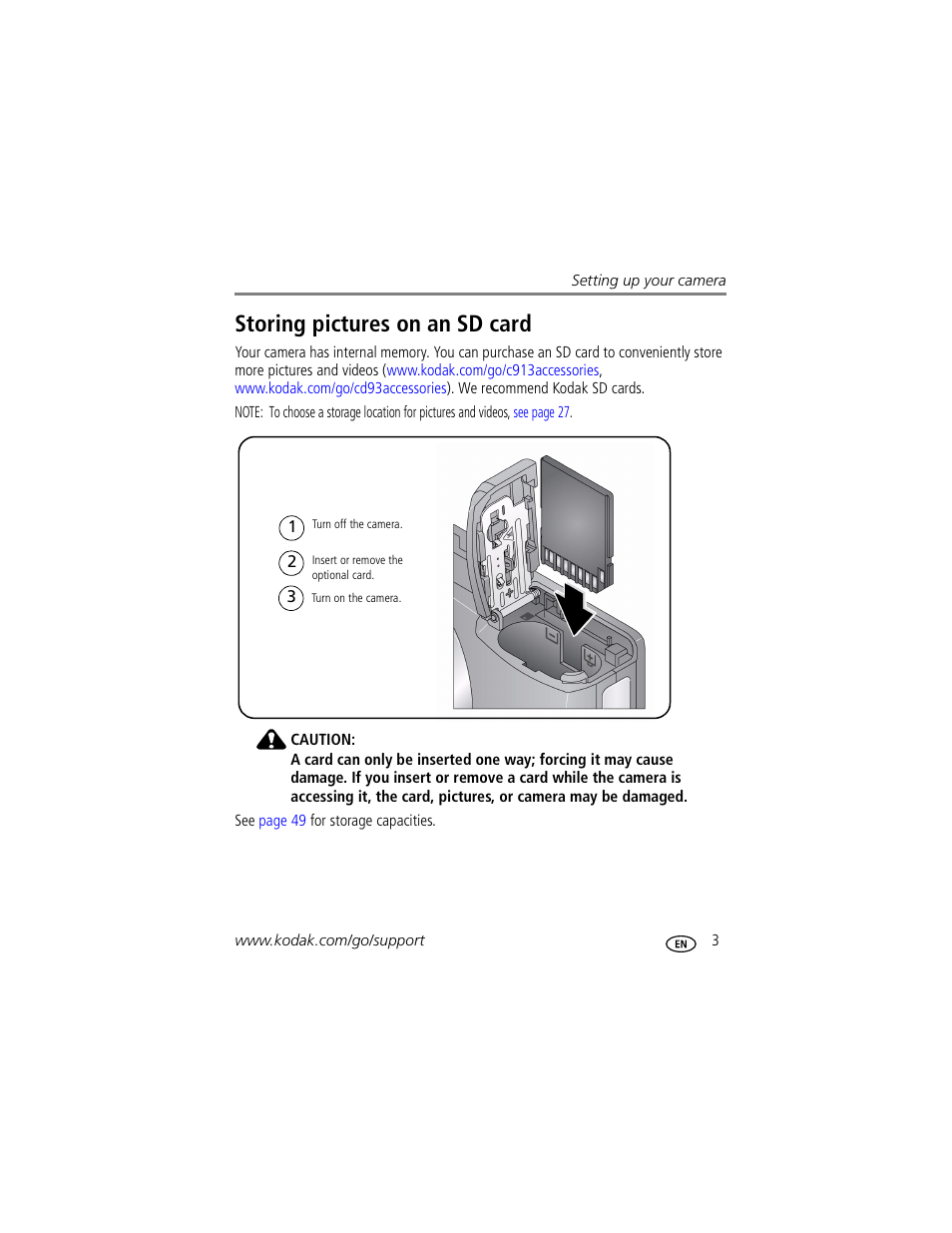 Storing pictures on an sd card | Kodak CD913 User Manual | Page 9 / 67