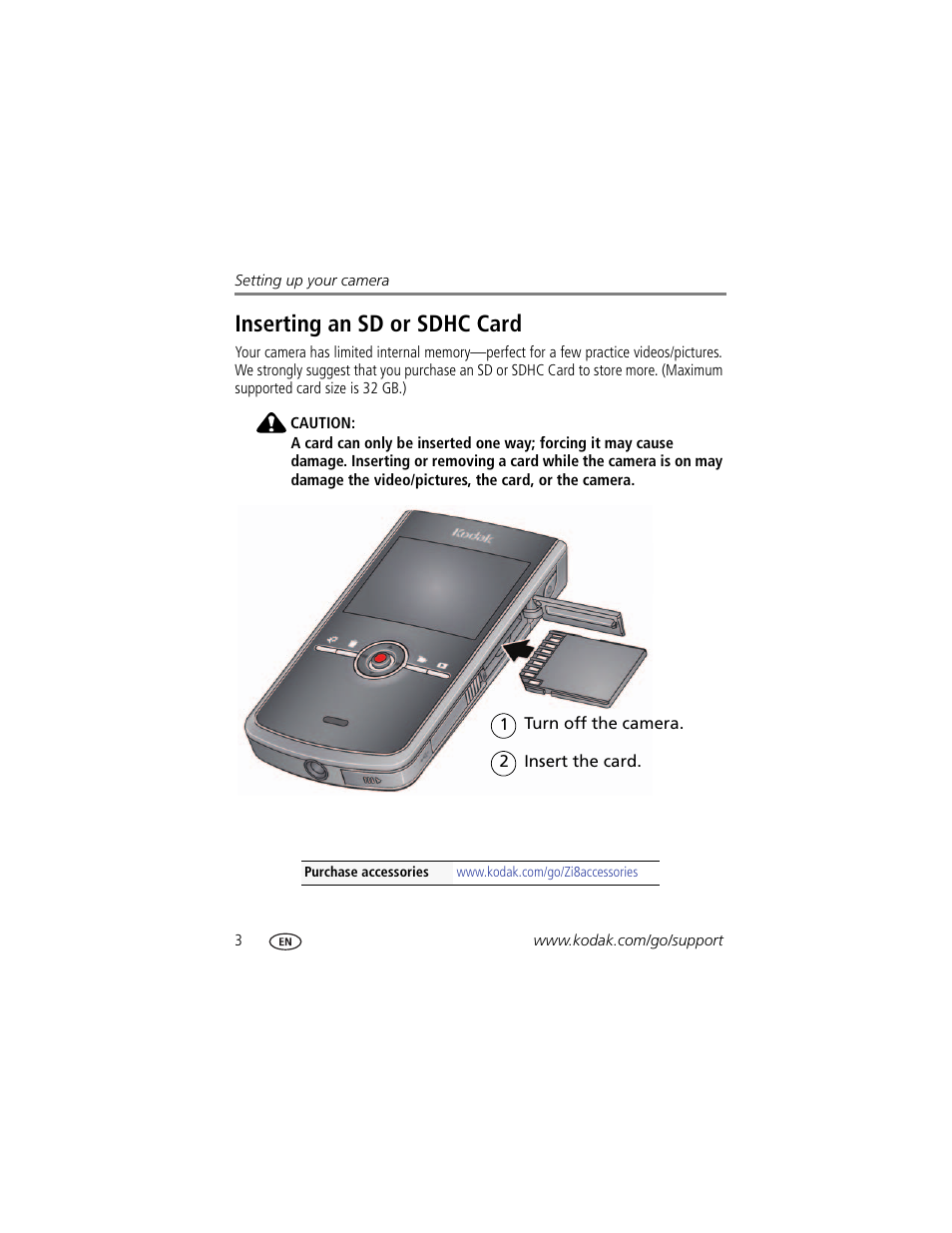 Inserting an sd or sdhc card | Kodak Zi8 User Manual | Page 10 / 34