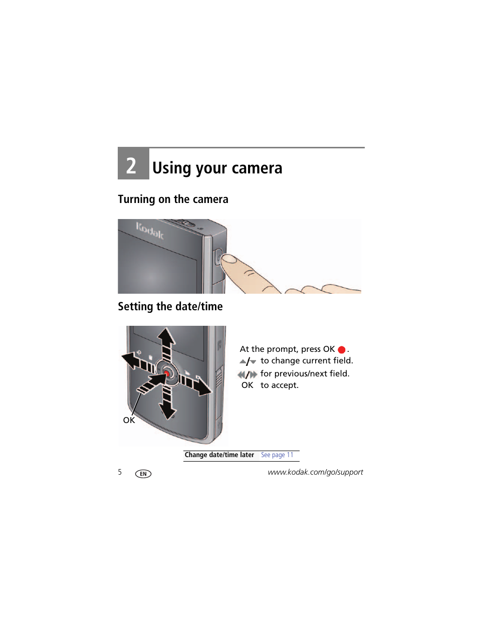 Using your camera, 2 using your camera, Turning on the camera setting the date/time | Kodak Zi8 User Manual | Page 12 / 34