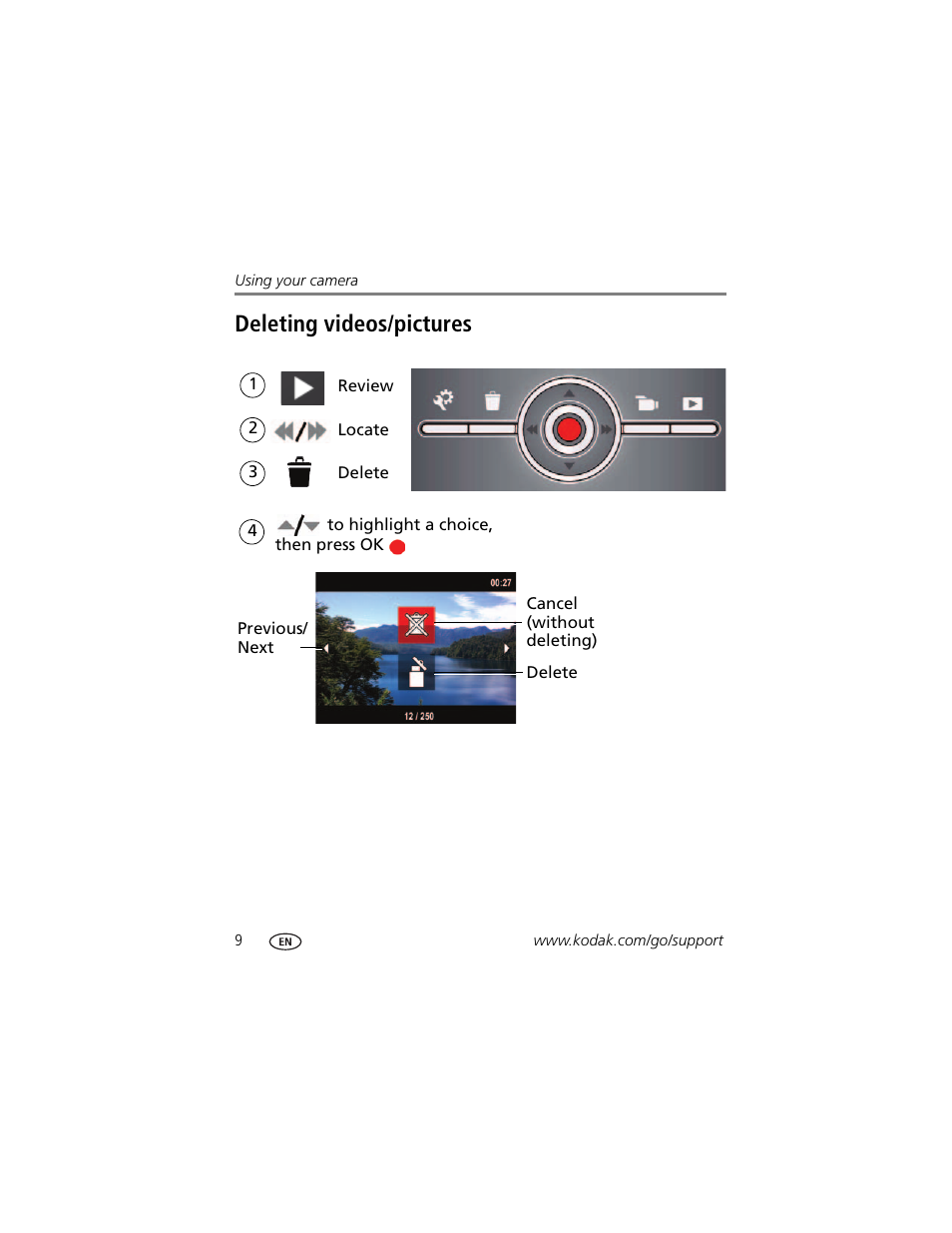 Deleting videos/pictures | Kodak Zi8 User Manual | Page 16 / 34
