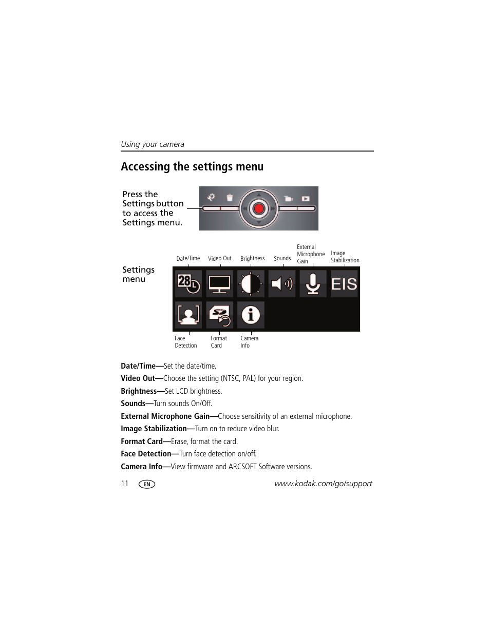 Accessing the settings menu | Kodak Zi8 User Manual | Page 18 / 34