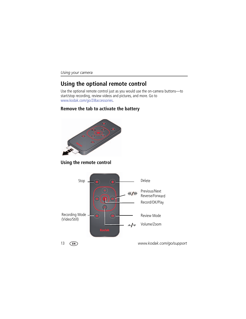 Using the optional remote control | Kodak Zi8 User Manual | Page 20 / 34