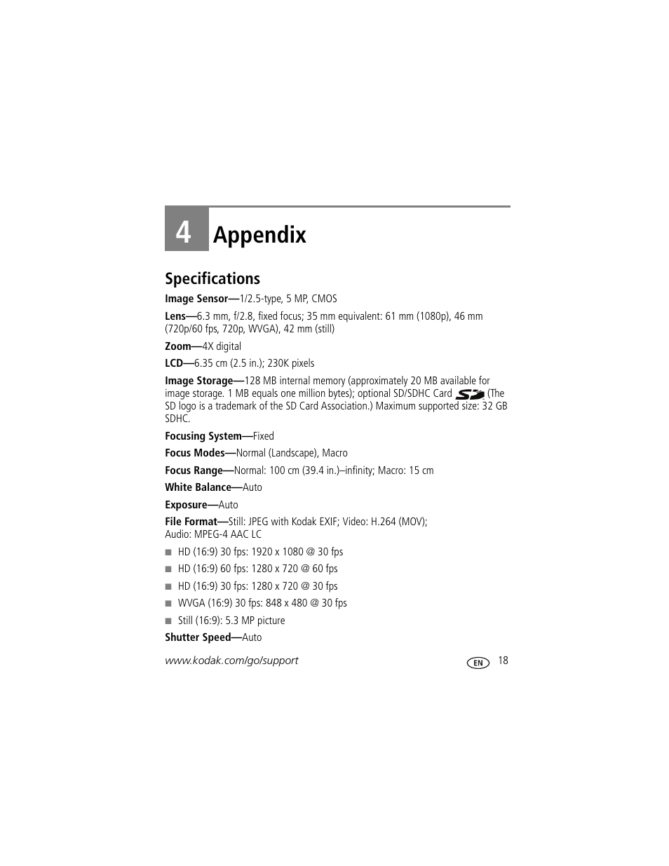 Appendix, Specifications, 4 appendix | Kodak Zi8 User Manual | Page 25 / 34