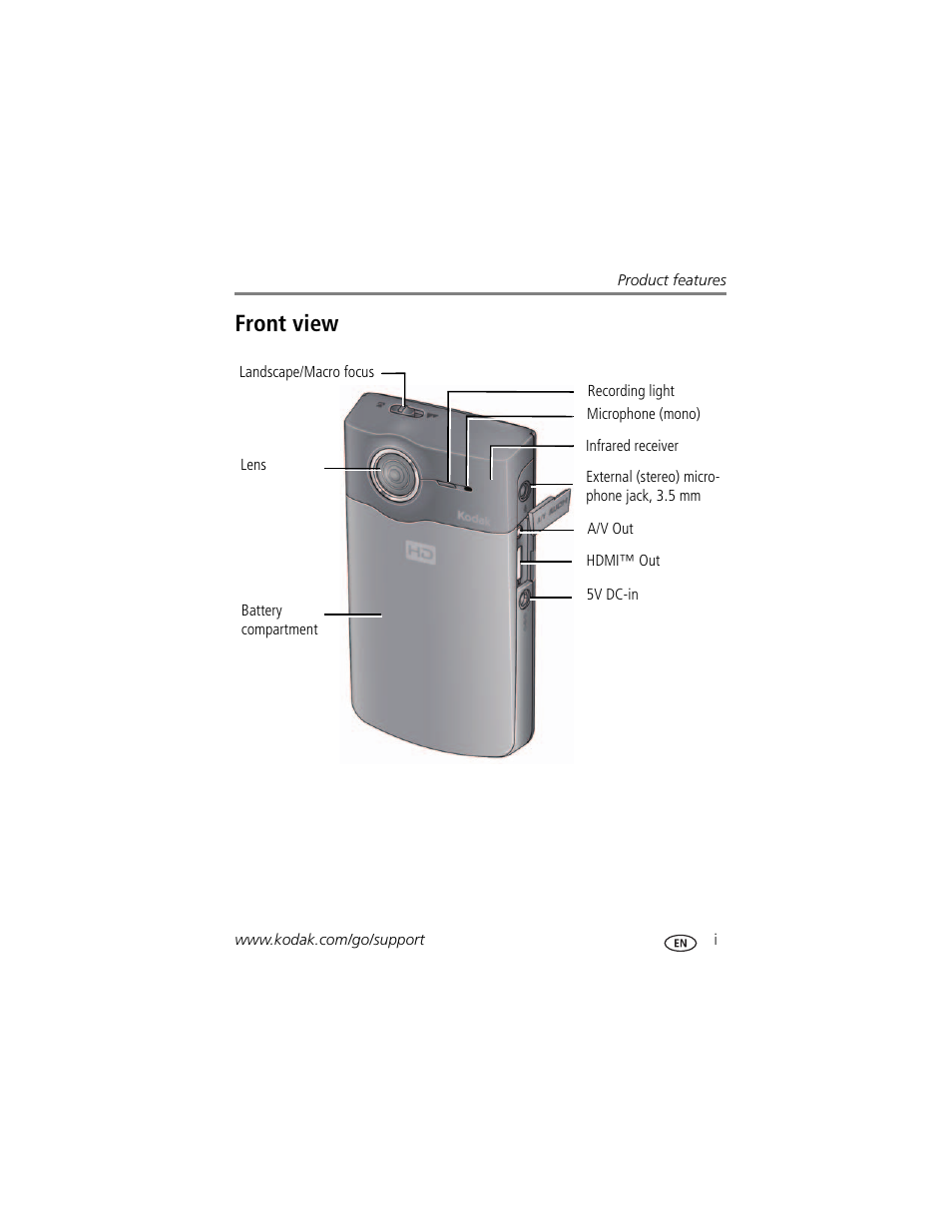 Product features, Front view | Kodak Zi8 User Manual | Page 3 / 34
