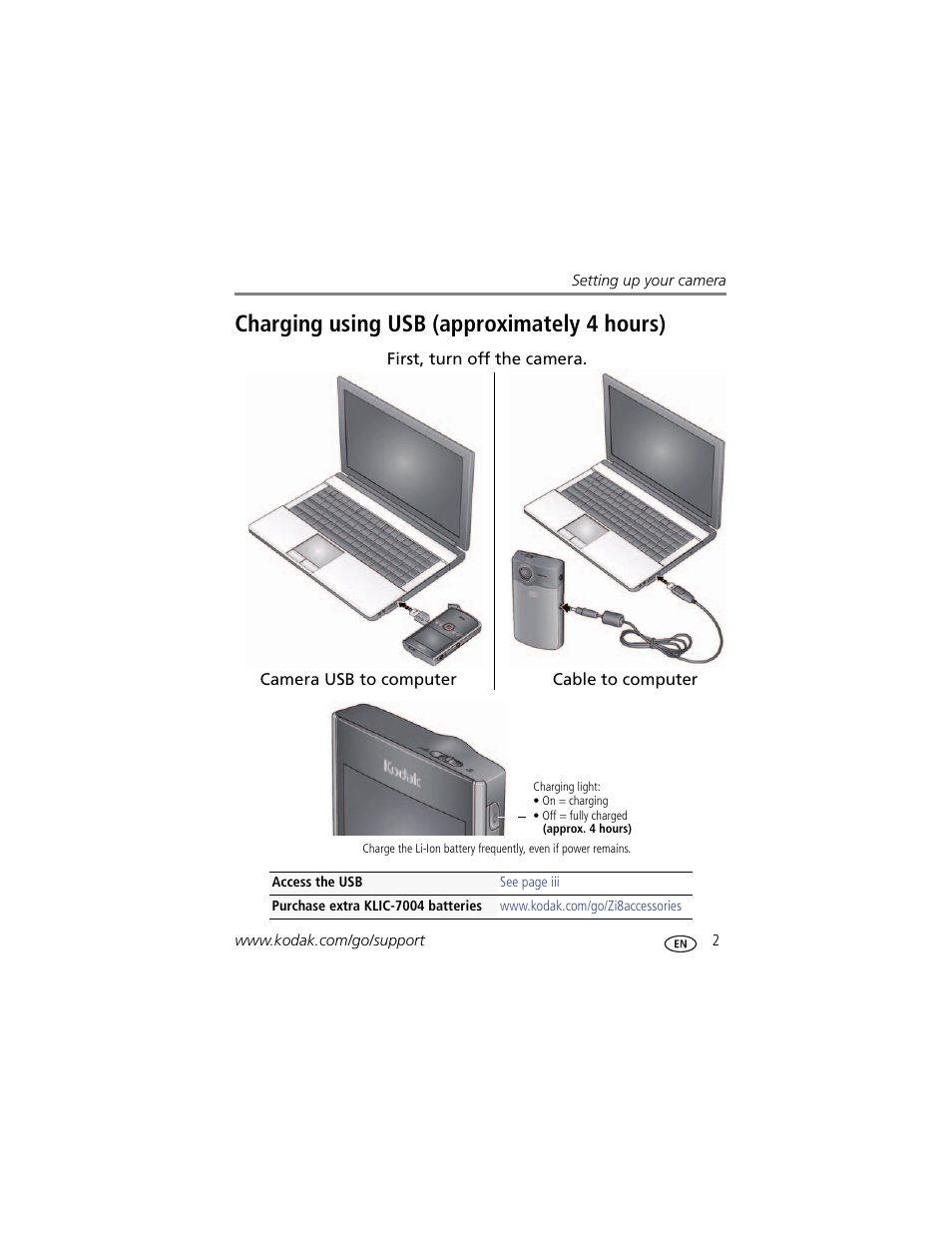 Charging using usb (approximately 4 hours) | Kodak Zi8 User Manual | Page 9 / 34