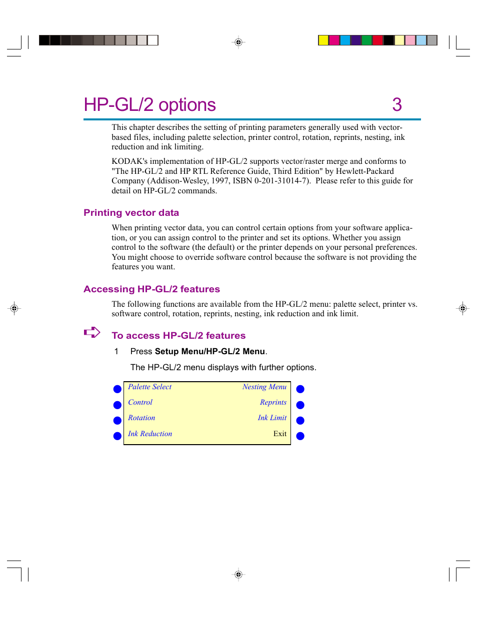 Hp-gl/2 options, Printing vector data, Accessing hp-gl/2 features | Hp-gl/2 options 3 | Kodak 4800 User Manual | Page 38 / 78