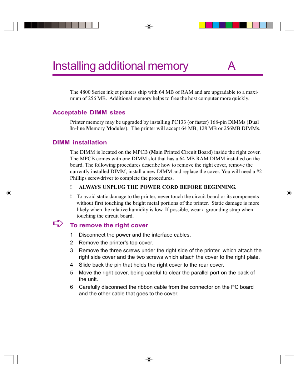 Installing additional memory, Acceptable dimm sizes, Dimm installation | Kodak 4800 User Manual | Page 44 / 78