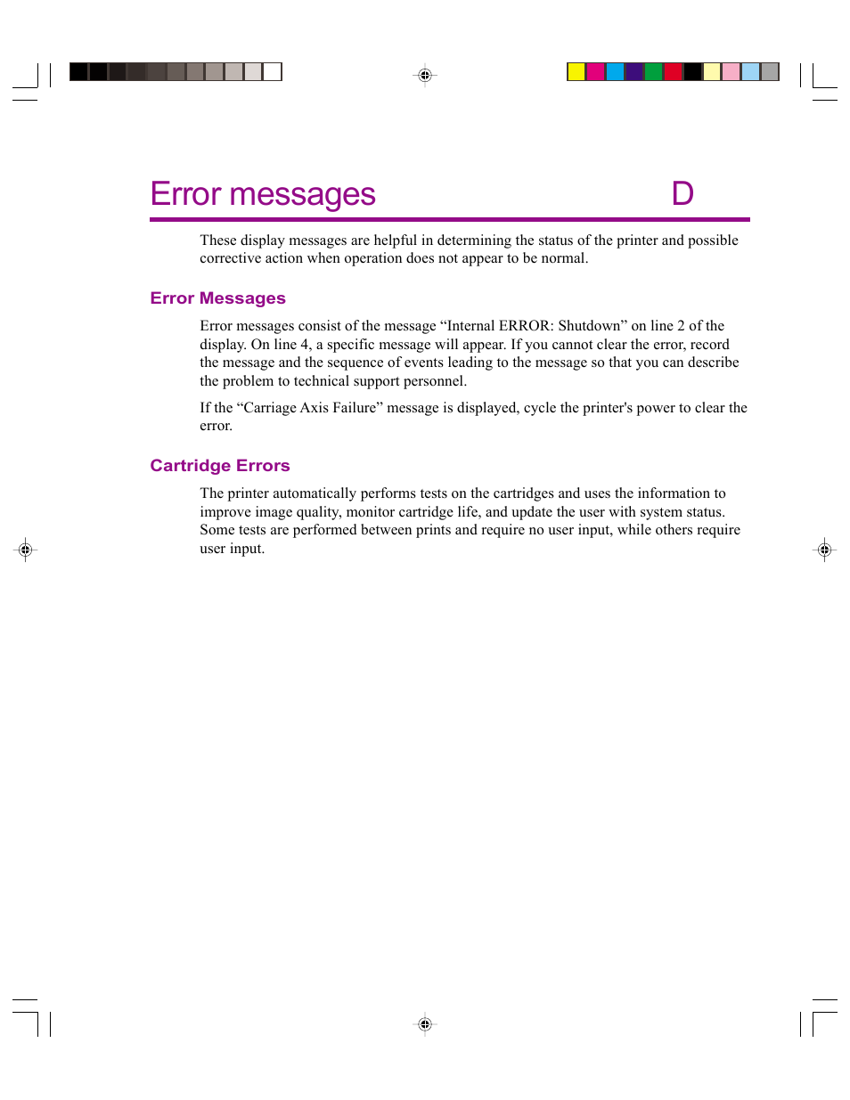 Error messages, Cartridge errors, Error messages d | Kodak 4800 User Manual | Page 62 / 78