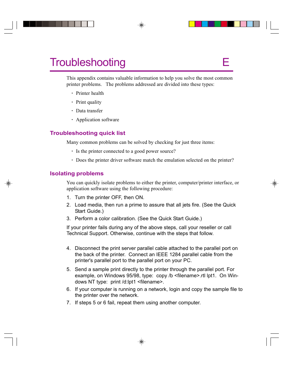 Troubleshooting, Troubleshooting quick list, Isolating problems | Troubleshooting e | Kodak 4800 User Manual | Page 64 / 78