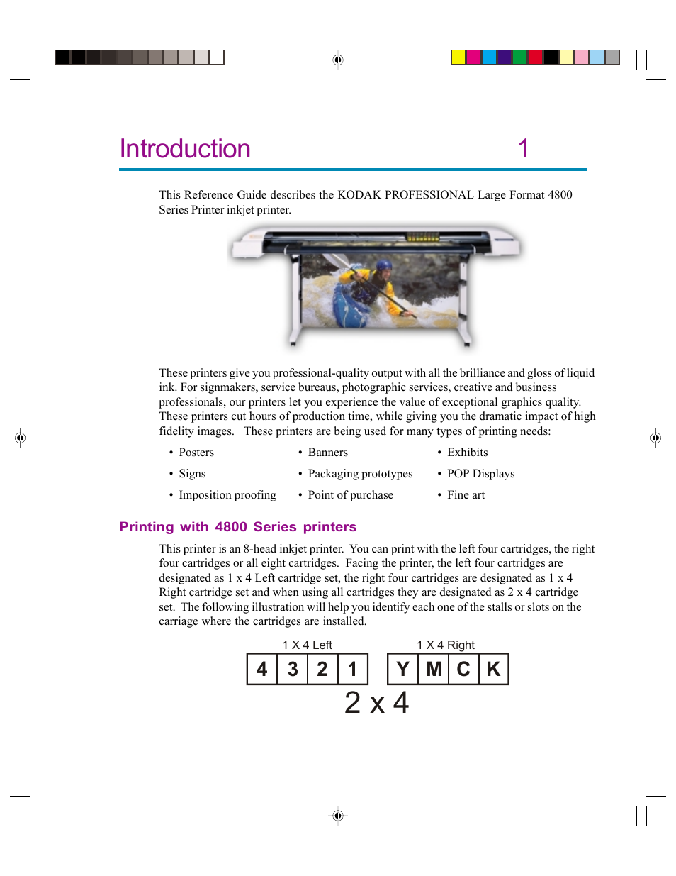 Introduction, Printing with 4800 series printers, 2 x 4 | Introduction 1, 4 3 2 1 y m c k | Kodak 4800 User Manual | Page 9 / 78