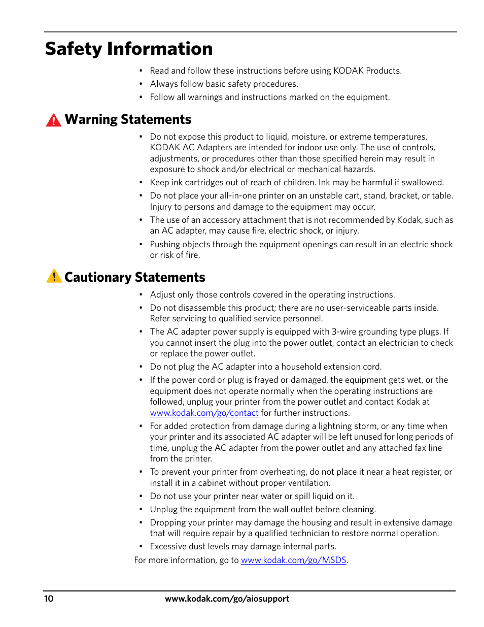 Safety information, Warning statements, Cautionary statements | Kodak ESP 3200 User Manual | Page 10 / 12