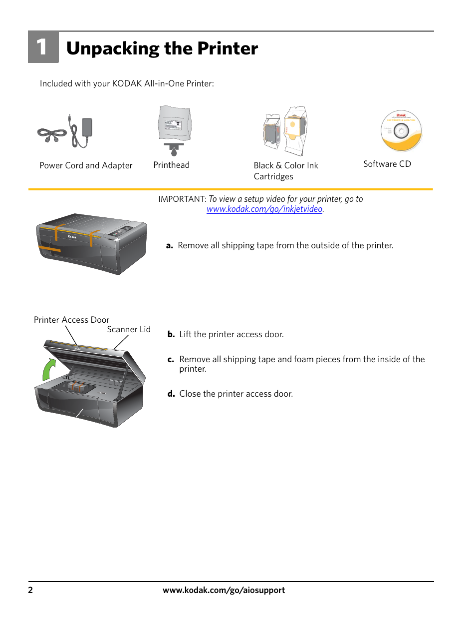 Unpacking the printer | Kodak ESP 3200 User Manual | Page 2 / 12