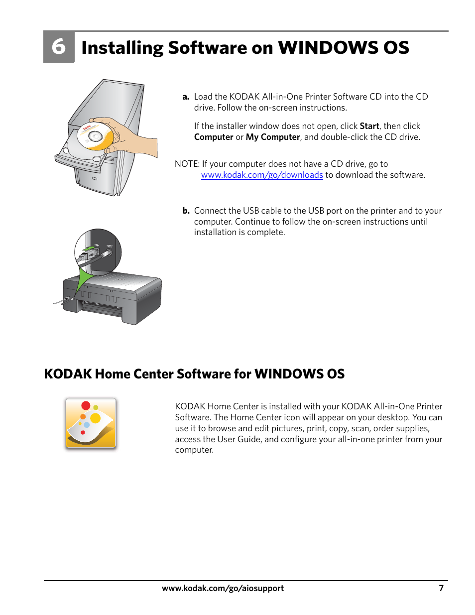 Installing software on windows os, Kodak home center software for windows os | Kodak ESP 3200 User Manual | Page 7 / 12