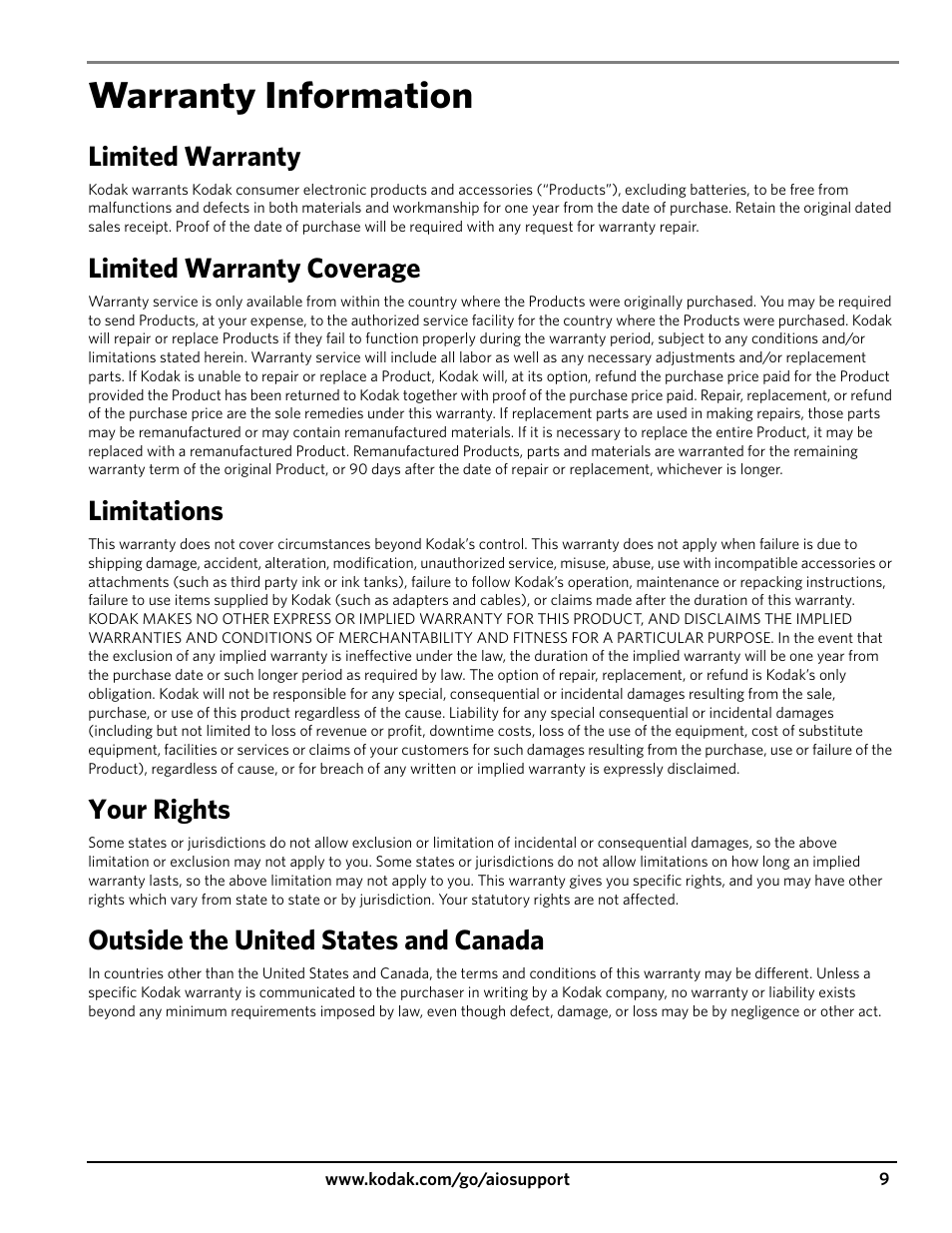 Warranty information, Limited warranty, Limited warranty coverage | Limitations, Your rights, Outside the united states and canada | Kodak ESP 3200 User Manual | Page 9 / 12