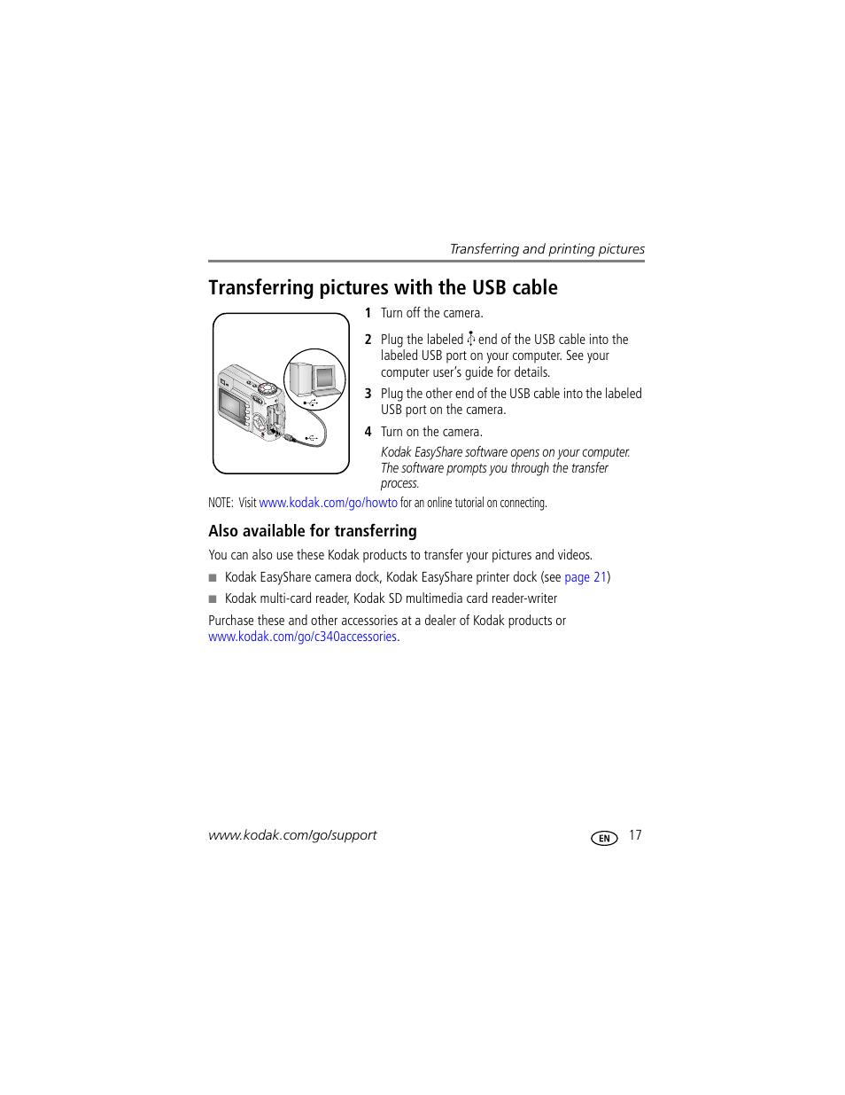 Transferring pictures with the usb cable | Kodak C340 User Manual | Page 23 / 74