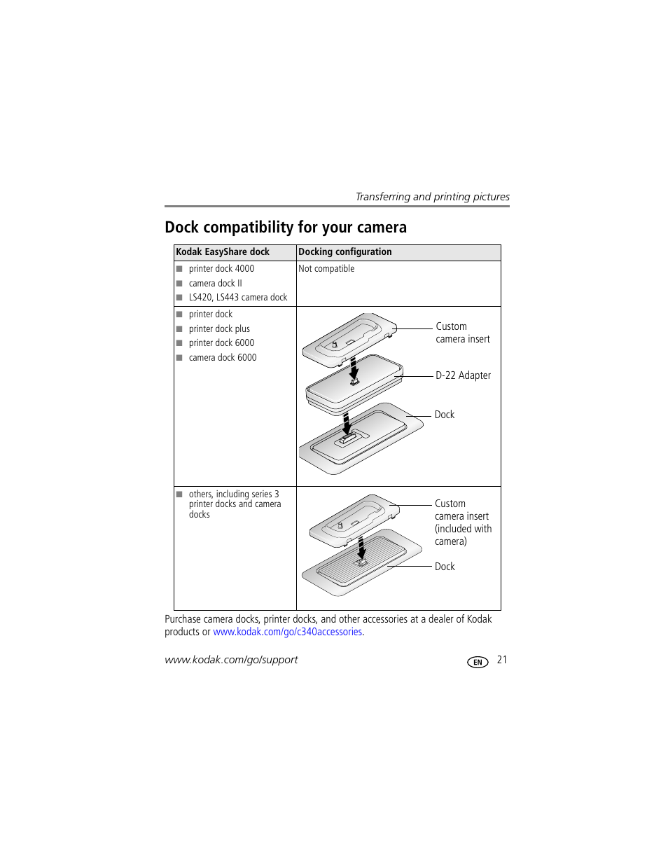 Dock compatibility for your camera | Kodak C340 User Manual | Page 27 / 74