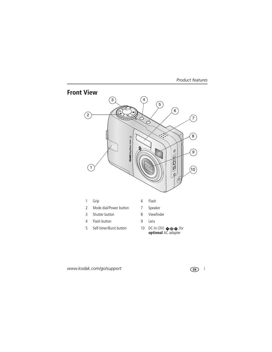 Front view | Kodak C340 User Manual | Page 3 / 74