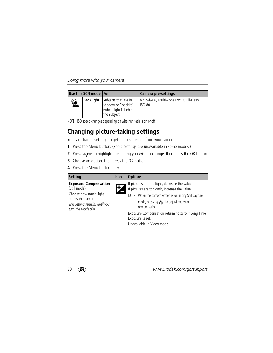 Changing picture-taking settings | Kodak C340 User Manual | Page 36 / 74