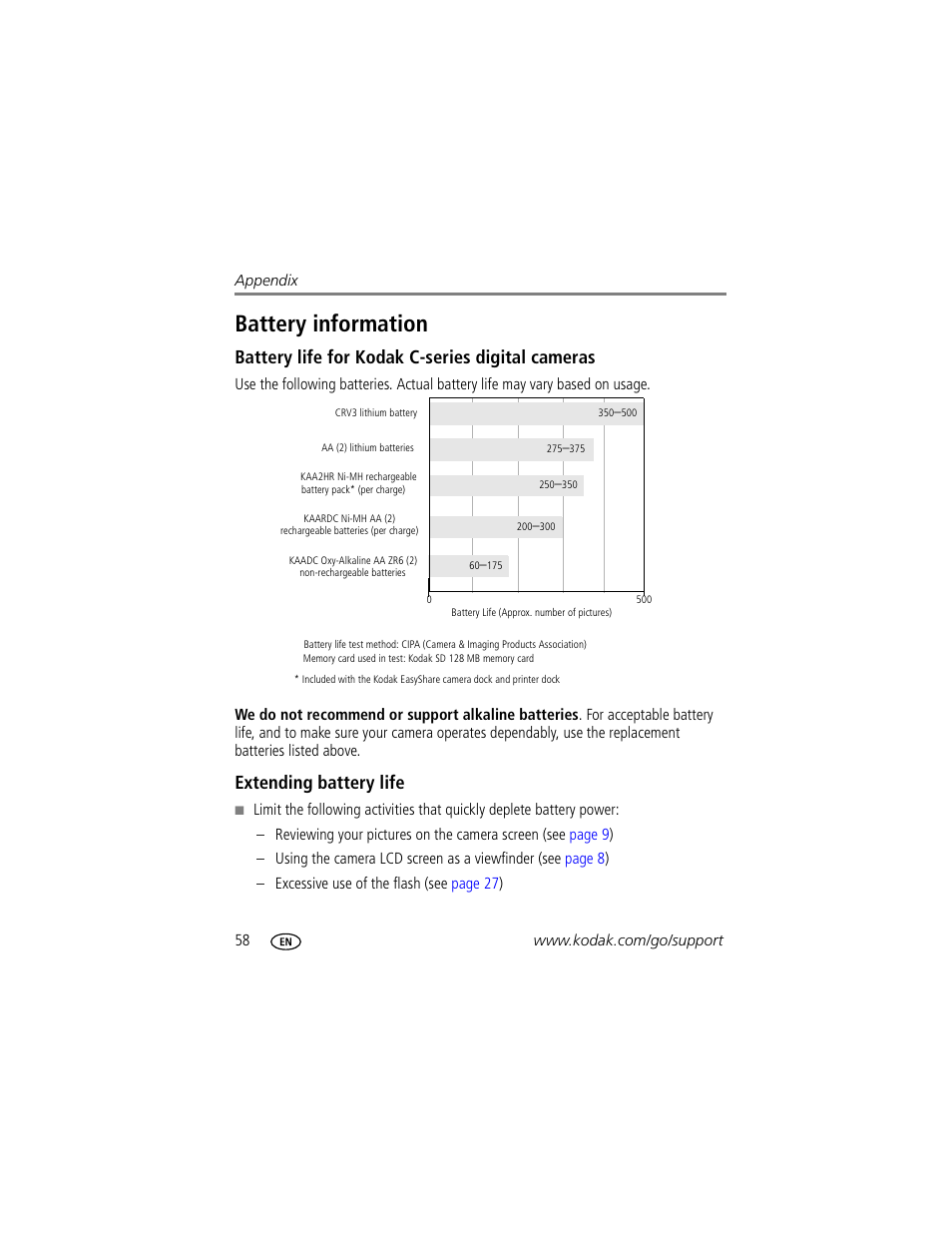 Battery information, Battery life for kodak c-series digital cameras, Extending battery life | Kodak C340 User Manual | Page 64 / 74