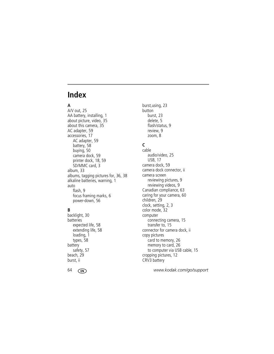 Index | Kodak C340 User Manual | Page 70 / 74