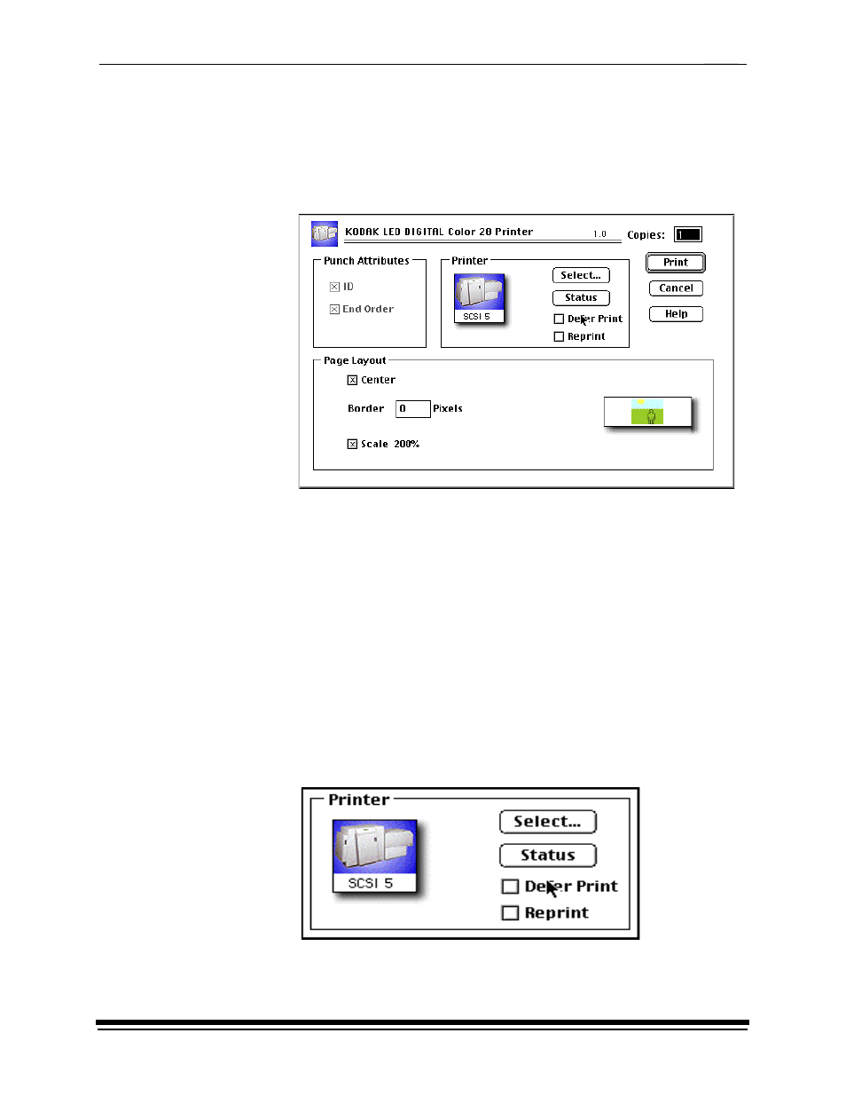 Dialog boxes and print options, Kodak led main dialog box, Option descriptions | Kodak PROFESSIONAL LED II 20P User Manual | Page 184 / 198