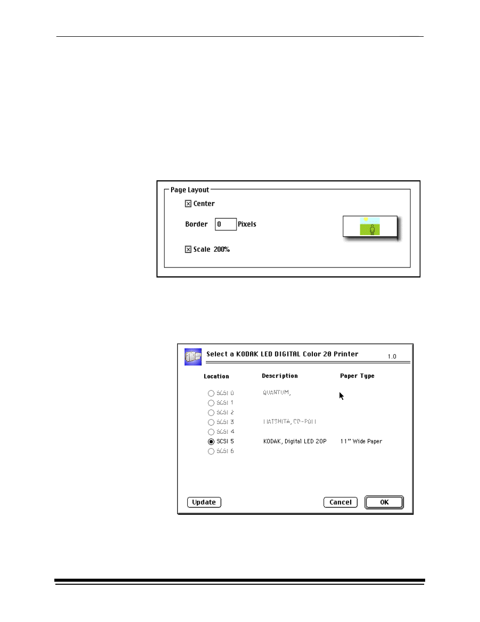 Option descriptions, Select an led printer dialog box, Page layout attributes | Kodak PROFESSIONAL LED II 20P User Manual | Page 186 / 198